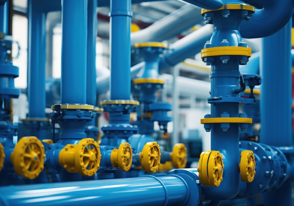 Industrial pipes and valves, complex systems.